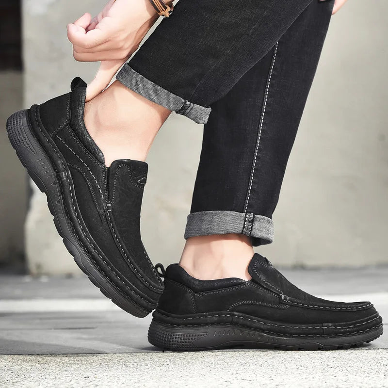 Genuine Leather Mens Loafers Anti-slip Rubber Man Casual Shoes Vintage Style Walk Shoes Slip-On Hiking Footwear Luxury Moccasins