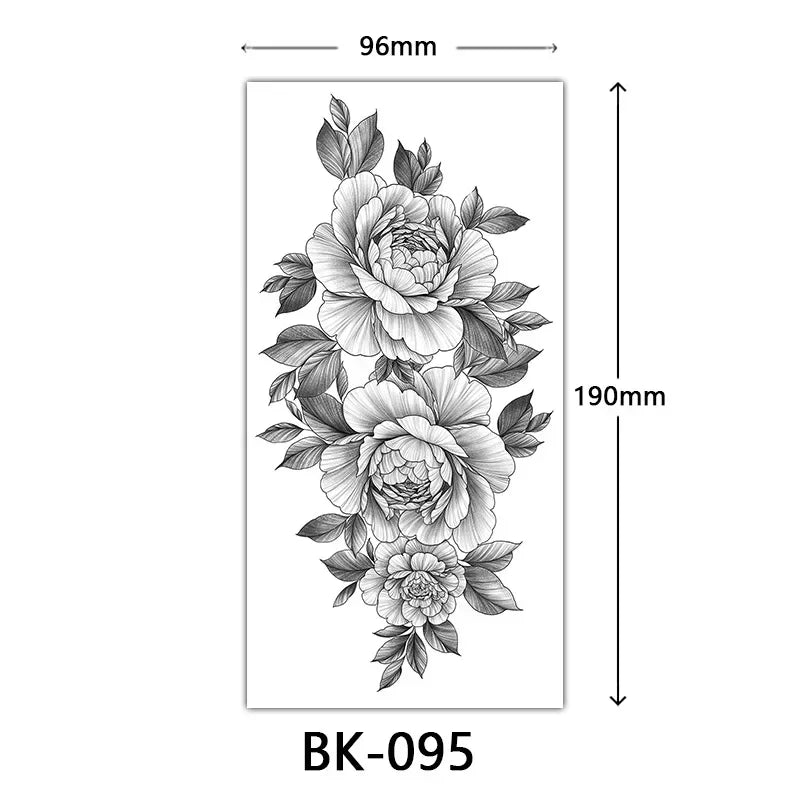 Rose Blossom Tattoo Temporary Waterproof Butterfly Fake Tattoo for Woman Black Flower Sketch Tattoo Sticker