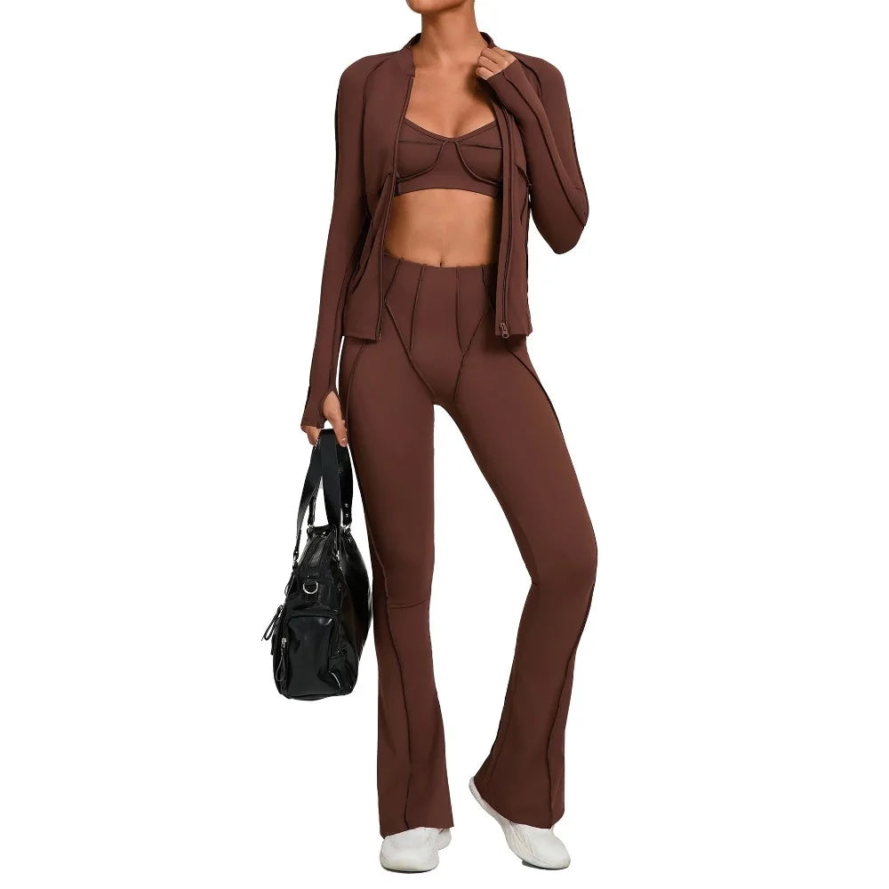 Gym Casual Yoga Set for Women Outdoor Running Fitness Outfit Autumn Winter Tight Sports Three-Piece Set Zipper Coat+bras+pants - Sun Studio