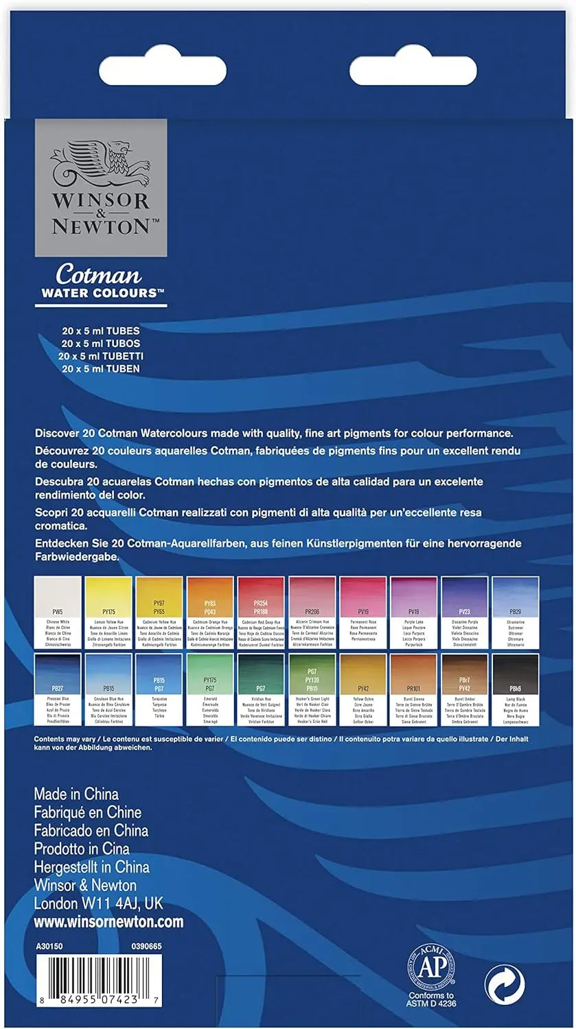 Winsor & Newton Cotman Watercolor Paint Tubes Set - 5ml Tubes (10 or 20 Colors) for Artists, Beginners & Sketching - Sun Studio