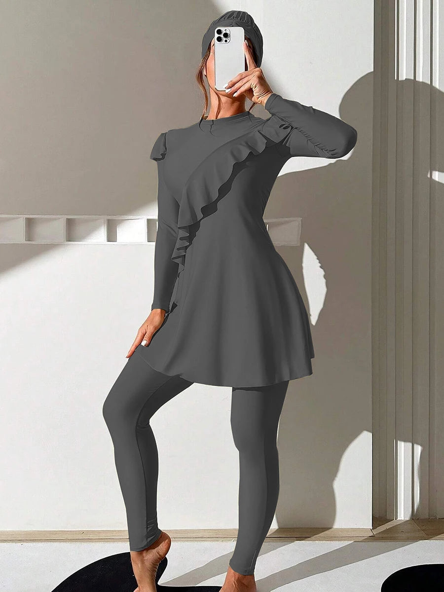 3PCS/Set Muslim Burkini Femmes Swimwear Long Islamic Swimwear Modest Swimsuit Women Swimsuit Ruffle Edge Design - Sun Studio