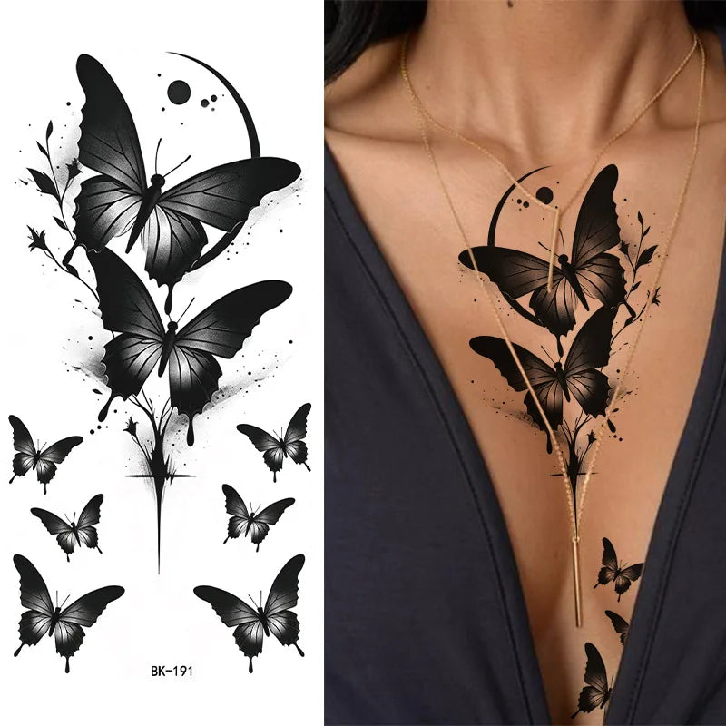Black White Temporary Transfer Tattoos Floral Butterfly Lettering Line Art Waterproof Body Stickers for Music Festival Party