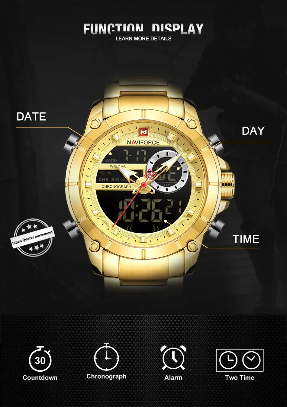 Luxury Brand NAVIFORCE Sport Watches For Men Fashion Gold Quartz WristWatch Steel Band Digital Chronograph Waterproof Clock 9163 - Sun Studio
