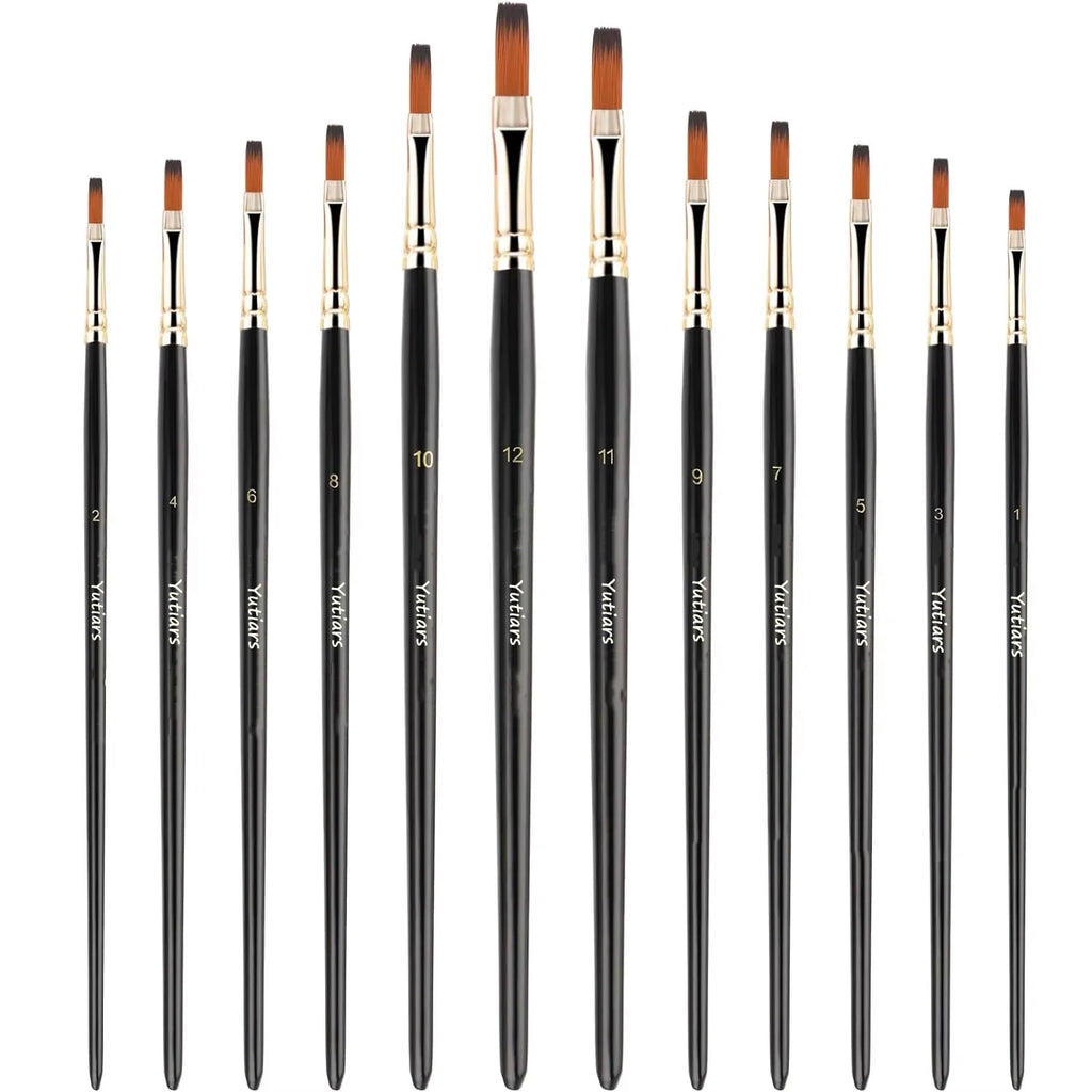 12pcs Flat Paint Brushes Set, Synthetic Nylon Bristles, Professional Artist Brushes for Oil, Acrylic, Watercolor Painting - Sun Studio