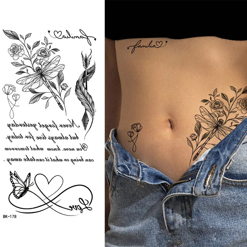 Black White Temporary Transfer Tattoos Floral Butterfly Lettering Line Art Waterproof Body Stickers for Music Festival Party