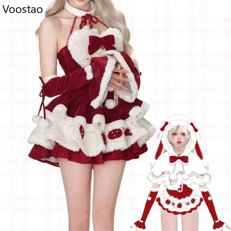 Autumn Winter Christmas Lolita Style 3 Piece Set Women Sweet Plush Bunny Ear Hooded Cloak Coat Bow Mini Dresses Y2k Cosplay Suit - Sun Studio