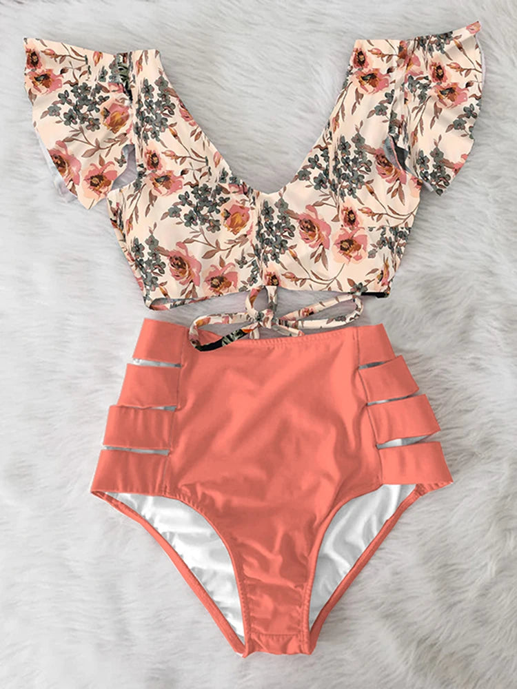 Floral Ruffled Hem Bikini Set Women Flora V-Neck High-Waisted Two Piece Swimsuit 2025 Girl Beach Bathing Suit Swimwear Biquinis - Sun Studio