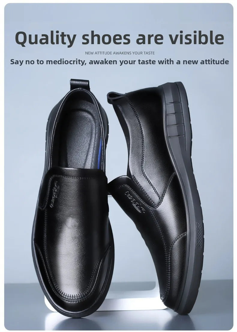Pure Black Casual Men's Shoes Slip-On Driving Soft Bottom Anti-Slip Leather Shoes Breathable round Toe Flat Heel PVC Outsole - Sun Studio