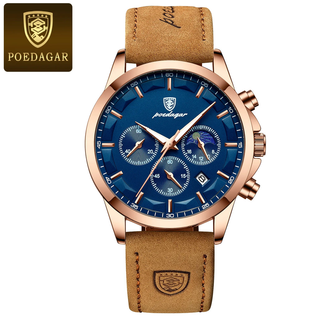 POEDAGAR Original Military Men Clock Waterproof Luminous Leather Quartz Man Watch Chronograph Date Luxury Business Men's Watches - Sun Studio