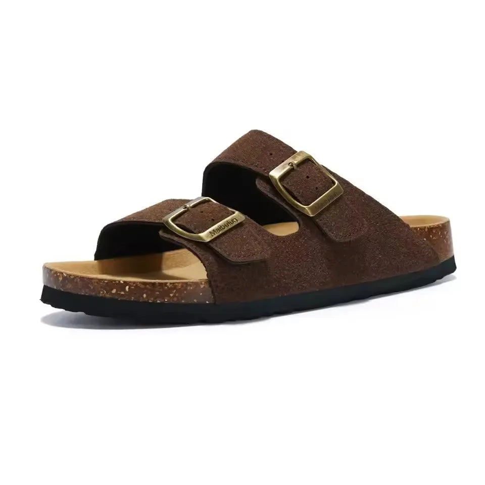 Summer Faux Suede Leather Cork Slippers Flip-flops Women Men Unisex Retro Wear Muller Slippers Fashion Casual Beach Sandals