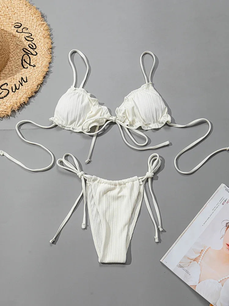 New 2025 Sexy Swimsuit Pit stripe Bikini Women Swimwear  Bathing Suits Push Up Biquinis Bandage Beachwear Solid Bikini Sets - Sun Studio