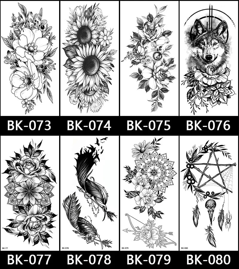 Black White Temporary Transfer Tattoos Floral Butterfly Lettering Line Art Waterproof Body Stickers for Music Festival Party - Sun Studio