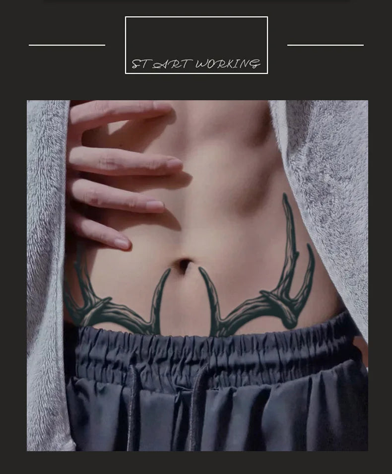 A Pair of Antler Herbal Juice Tattoo Stickers Abdomen Waterproof Semi-permanent Fake Tattoos Men Women Personality Faux Tatouage - Sun Studio
