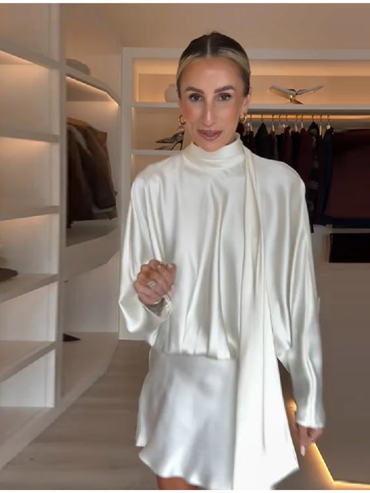 Women's Elegant white Ruched Short Dress Fashion Casual Stand Neck Long Sleeve Mini Dresses 2025 Autumn party Female Clothing - Sun Studio