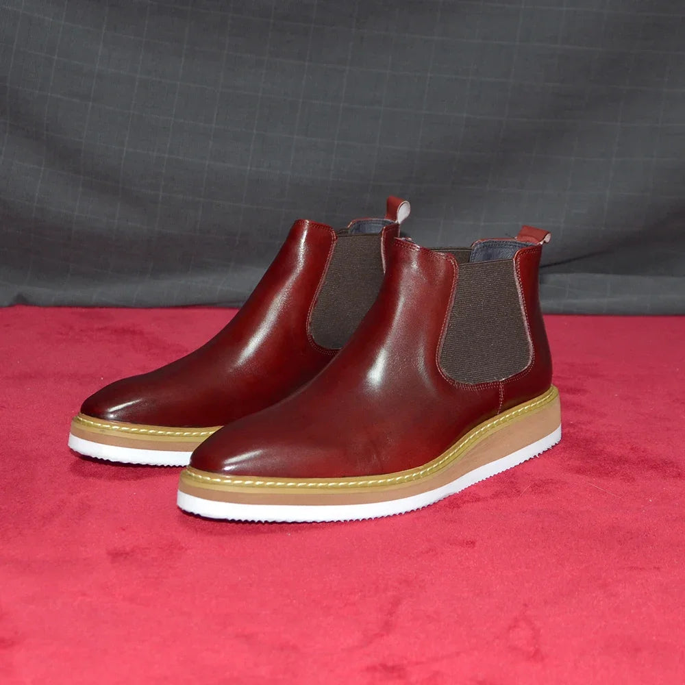British Style Cow Genuine Leather Men's Chelsea Ankle Boots Slip-on Elastic Band High Top Sneakers Casual Dress Boot for Men - Sun Studio