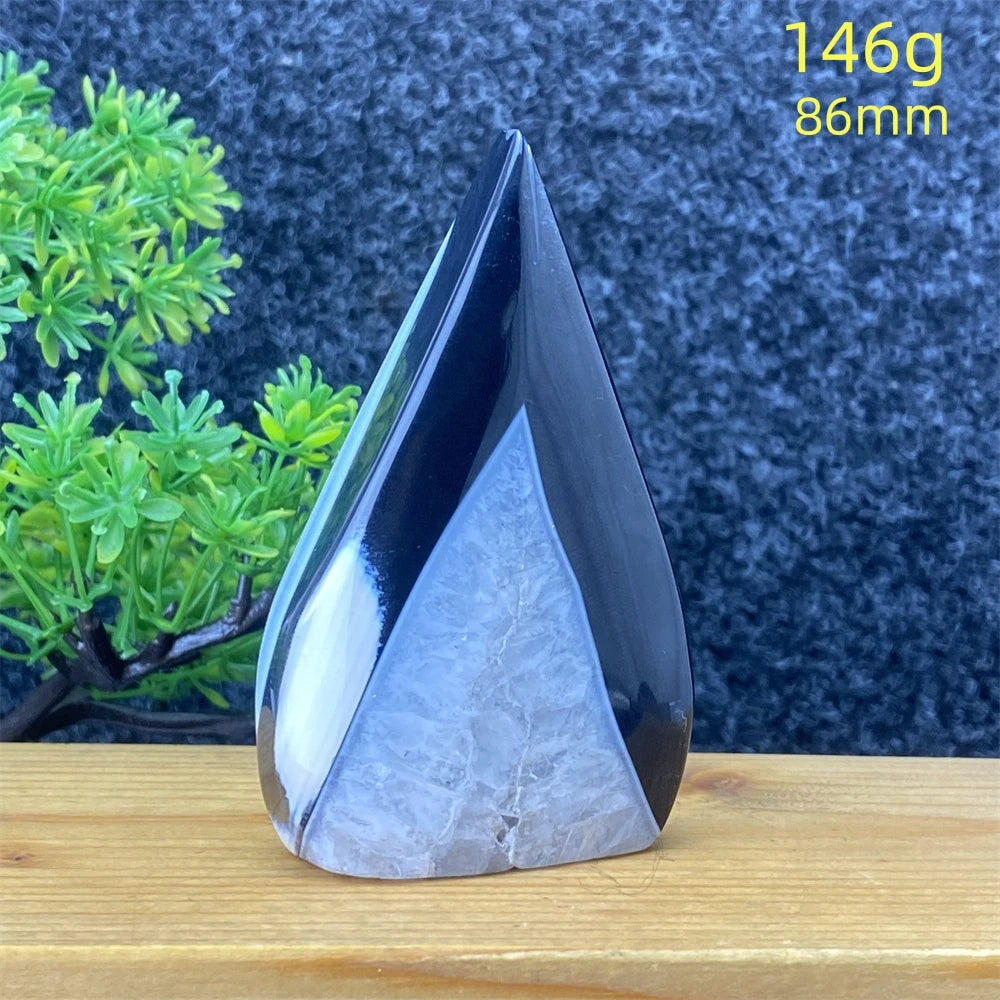 Natural Gemstone Black Onyx Stripes Free Form Torch Reiki Healing Shape Meditation Home Decor Feng Shui Warning Evil - Sun Studio