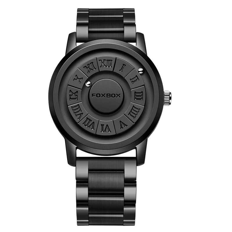 FOXBOX Montre à quartz pour homme, mode, personnalité, créative, boule de fer défilante, pointeur magnétique, étanche pour montres masculines, cadeau + boîte