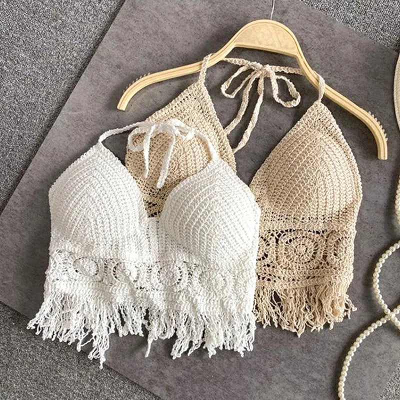 Sexy Boho Beach Holiday Camisole Halter Women Crochet Knit Swimsuit Bra Backless Vest Hollow Tassel Tank Top Women's Crop Tops - Sun Studio