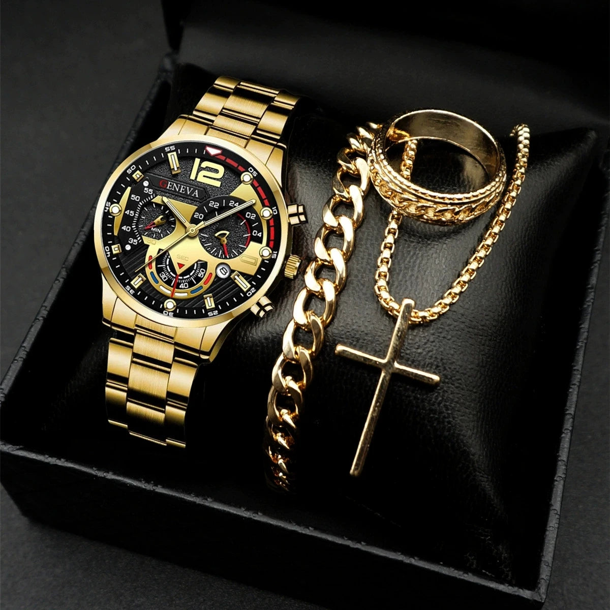 4PCS/Set Fashion Men's Watch Casual Gold Steel Band Analog Male Quartz Watches Jewelry Set（Without Box） - Sun Studio