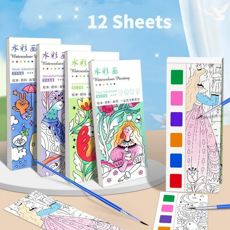 1PC Children's Watercolor Coloring Book Kids Adult Watercolour Coloring Paper With Water Paint Pens Girls Student Birthday Gift - Sun Studio