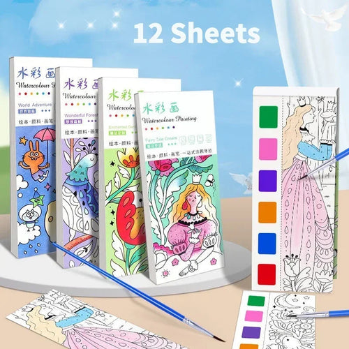1PC Children's Watercolor Coloring Book Kids Adult Watercolour Coloring Paper With Water Paint Pens Girls Student Birthday Gift - Sun Studio
