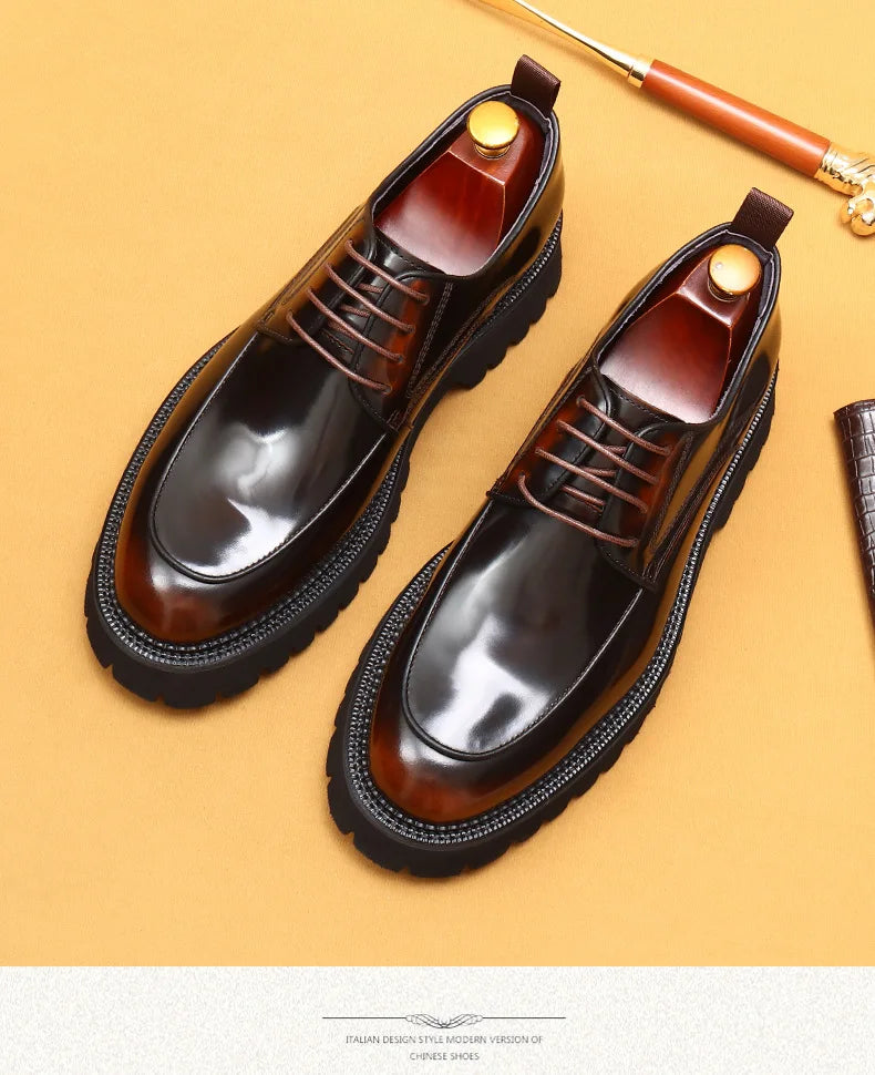designer men's leather shoes with thick soles round toe glossy leather business dress shoes Waxed cowhide lace up British shoes - Sun Studio