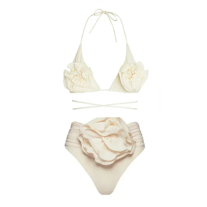 2026 New Sexy White 3D Flower Solid Two Piece Push Up Bikini Set Luxury Swimwear Women Swimsuit Beachwear Summer Bathing Suit - Sun Studio