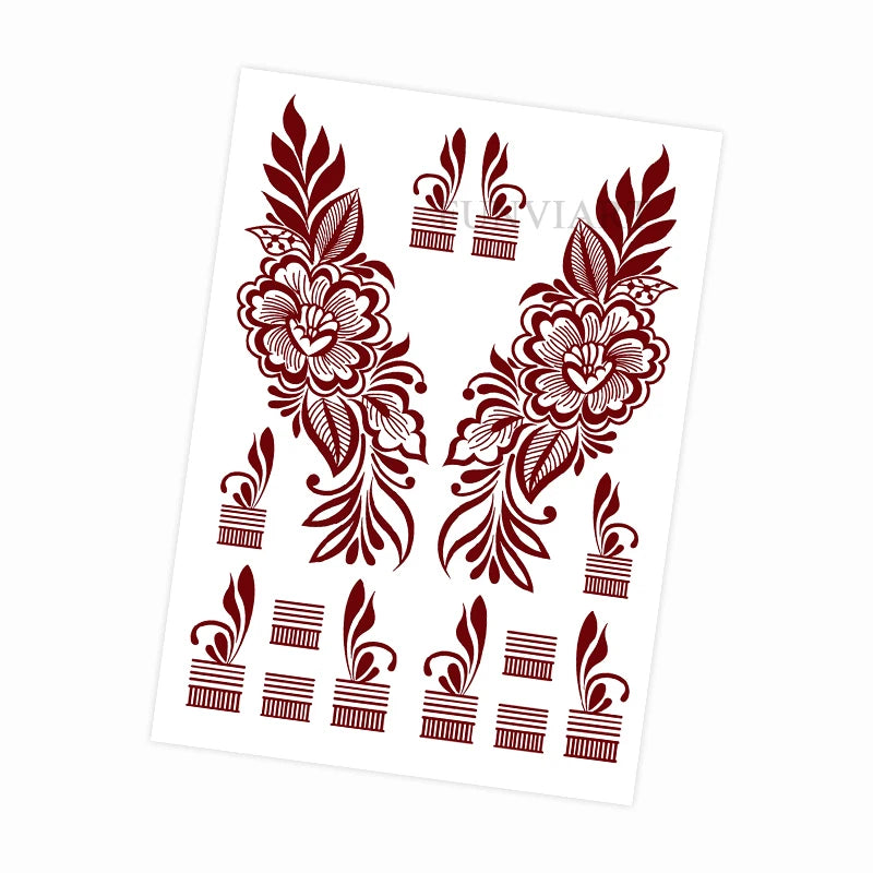 Waterproof Flower Hand Tattoo for Women Maroon Henna Tattoo Stickers for Hand Fingers Body Art Disposable Fake Tattoo Festival