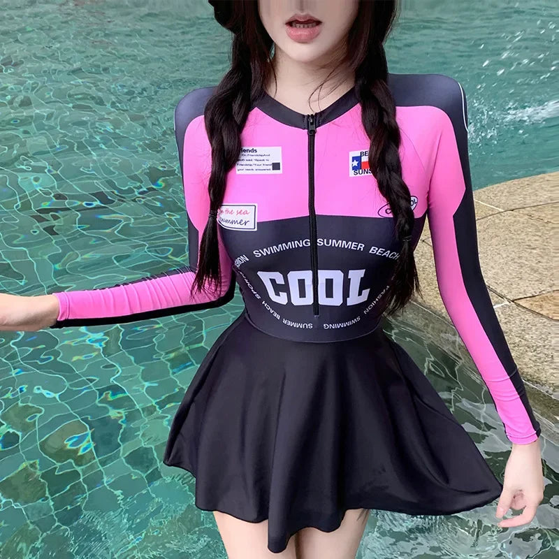 Racing Style Swimsuit Sexy Short Skirt Sweet Cool Spicy Girl Long Sleeved Conservative Belly Covering Surfing Vacation Swimwear - Sun Studio