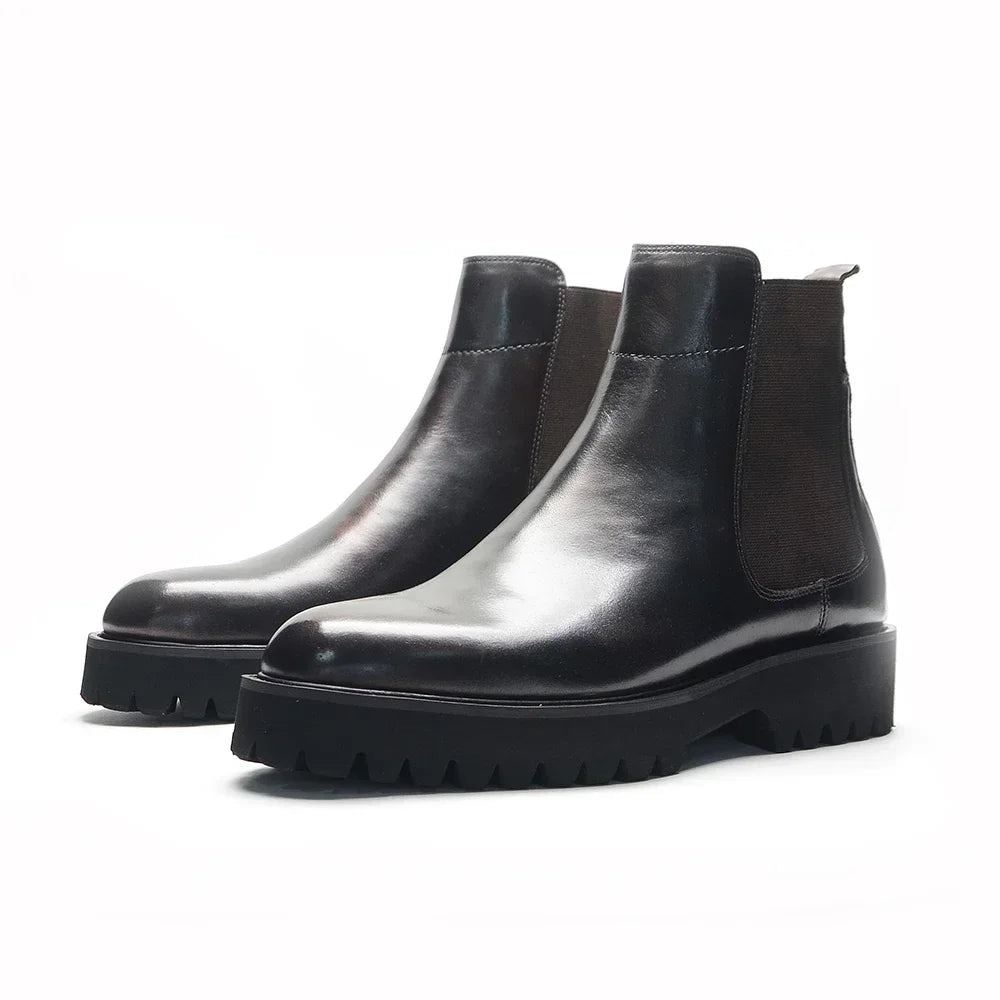 British Style High Top Men's Chelsea Boots Increase Height Classic Luxury Genuine Leather Elastic Band Men Autumn Winter Shoes - Sun Studio