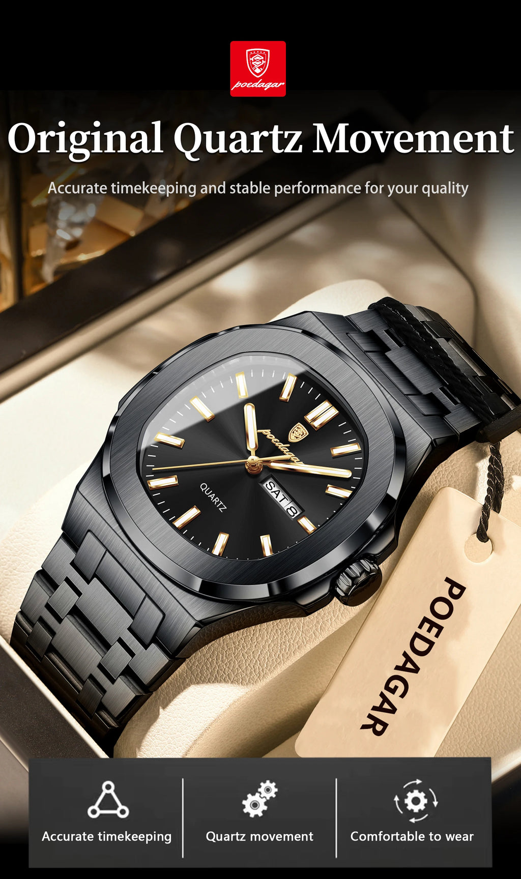 POEDAGAR Luxury Square Men's Watches Waterproof Luminous Date Week Men Watch Stainless Steel Fashion Quartz Man Wristwatch Reloj - Sun Studio