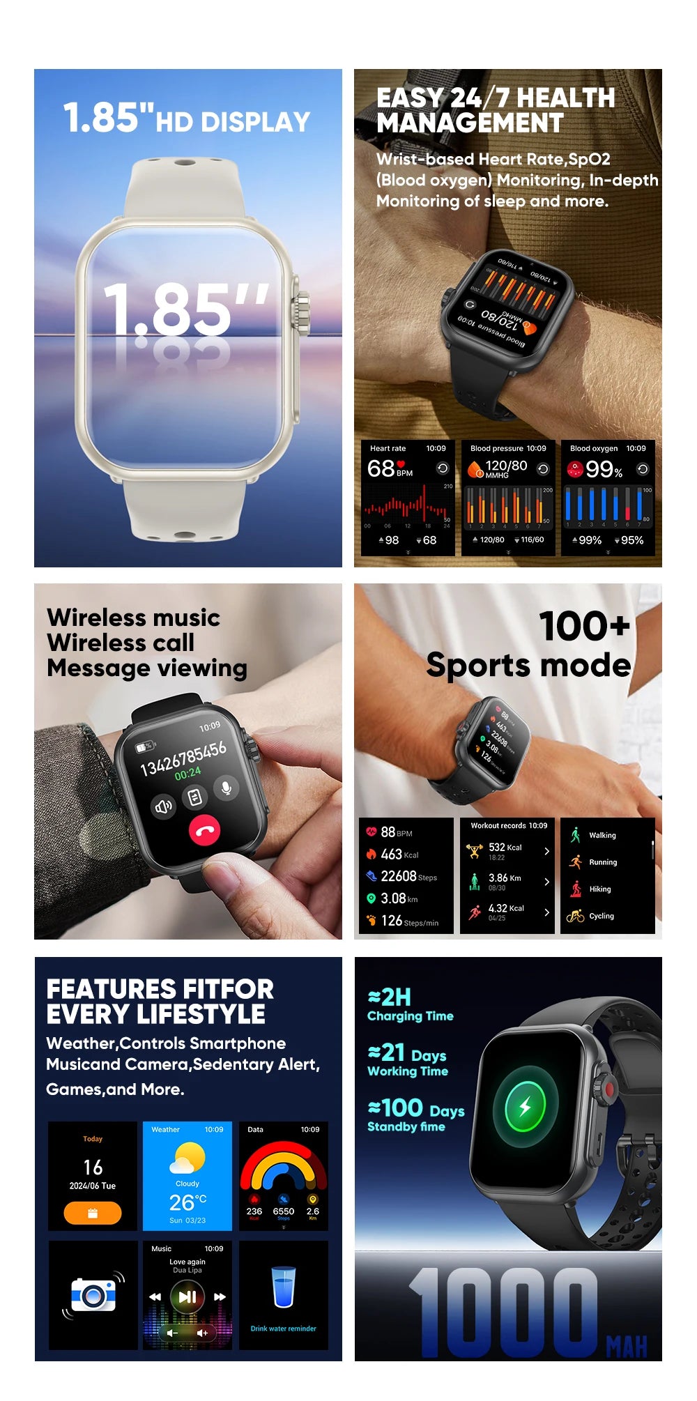 2025 New 1000mAh Battery Smart Watch For Men Women Bluetooth Call Heart Rate Monitor Watches IP68 Waterproof Sports Smartwatches - Sun Studio
