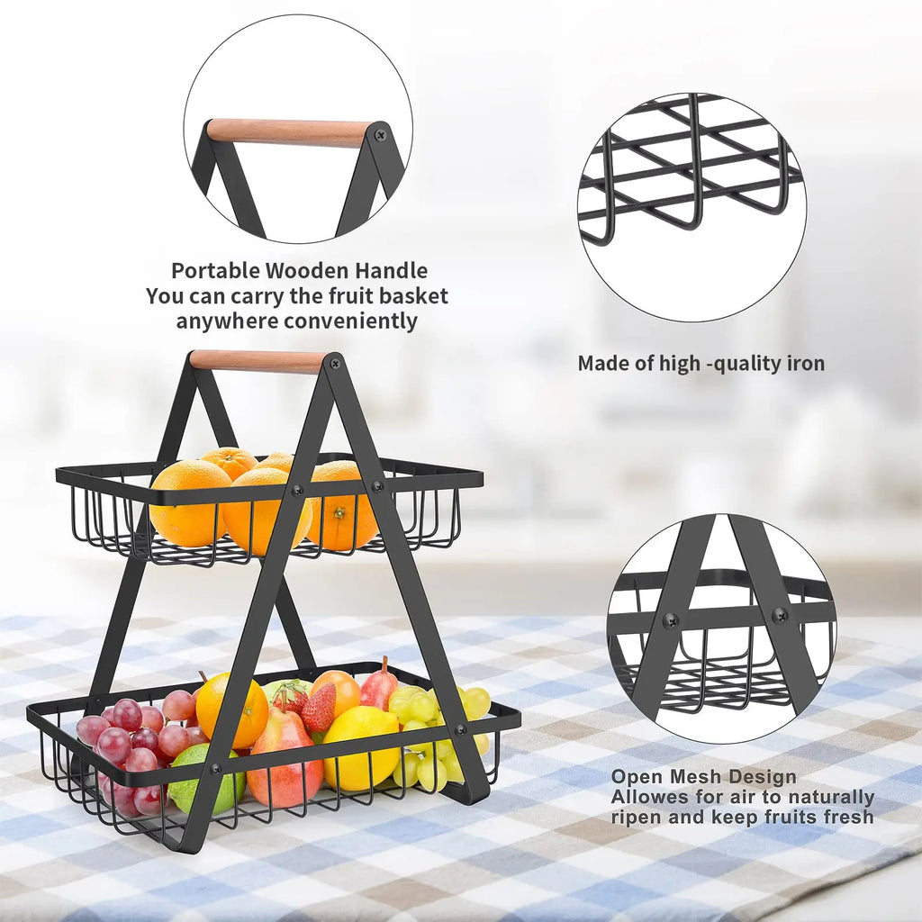 2 Tier Countertop Fruit Basket,Portable Fruit Bowle Basket for Kitchen Organizer Storage & Fruits Vegetable Bread Snacks Basket - Sun Studio