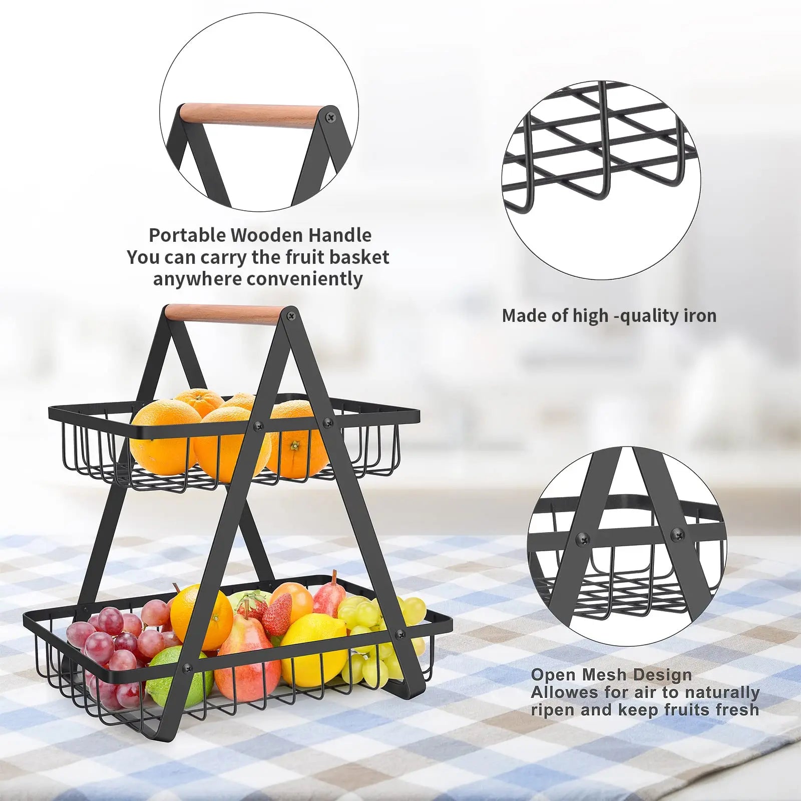 2 Tier Countertop Fruit Basket,Portable Fruit Bowle Basket for Kitchen Organizer Storage & Fruits Vegetable Bread Snacks Basket - Sun Studio