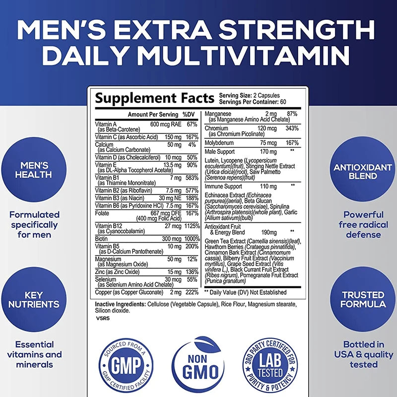 Men's Multivitamin Supplement - Supports Men's Multivitamin with Vitamins A, C, D, E & B12, Zinc, Calcium, Magnesium and More - Sun Studio