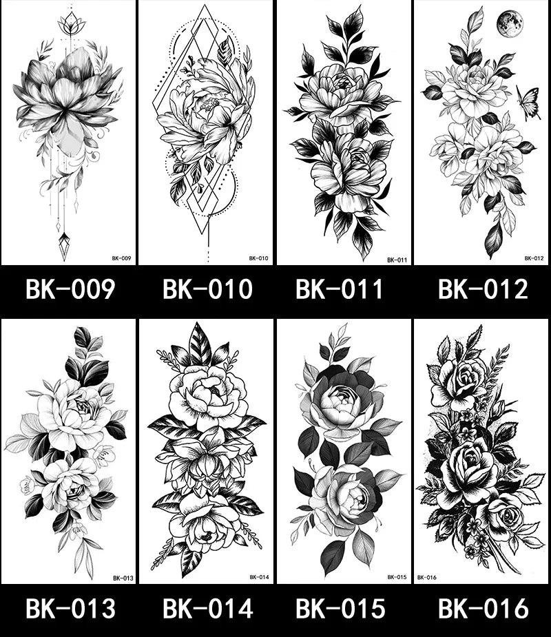 Black White Temporary Transfer Tattoos Floral Butterfly Lettering Line Art Waterproof Body Stickers for Music Festival Party - Sun Studio