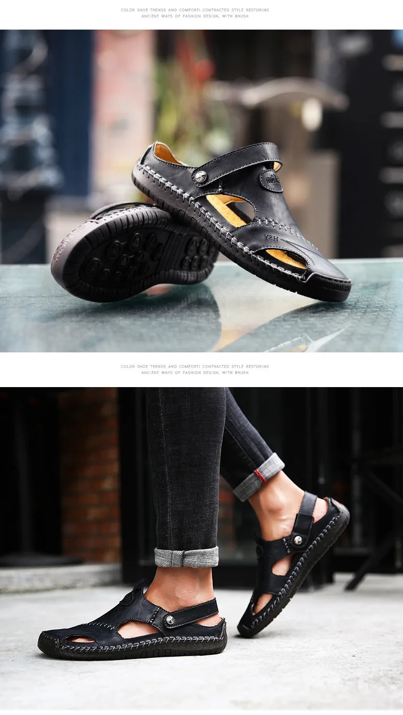 Large Size Men's Sandals Casual Leather Beach Shoes Breathable Slip-On Durable Stitched Construction Comfortable Walking Sandals - Sun Studio