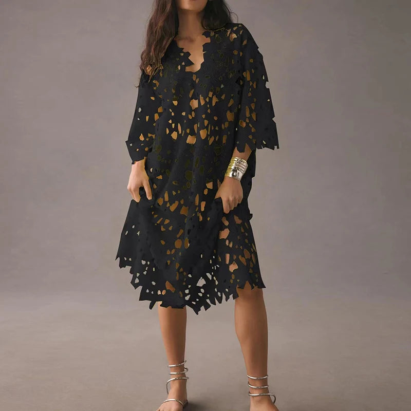 High Quality Sexy Women Bathing Suit Cover Up Hollow Out Patchwork Femme Solid Beach Dress V Neck Loose See Through Swimsuit Top - Sun Studio