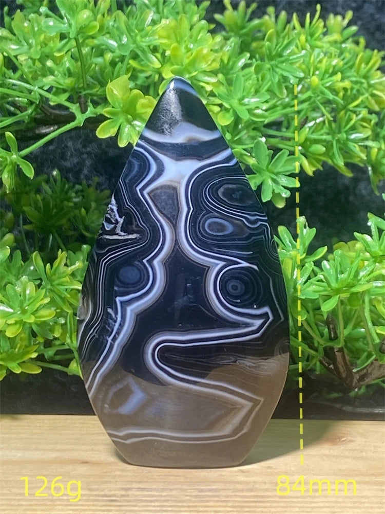 Natural Gemstone Black Onyx Stripes Free Form Torch Reiki Healing Shape Meditation Home Decor Feng Shui Warning Evil - Sun Studio