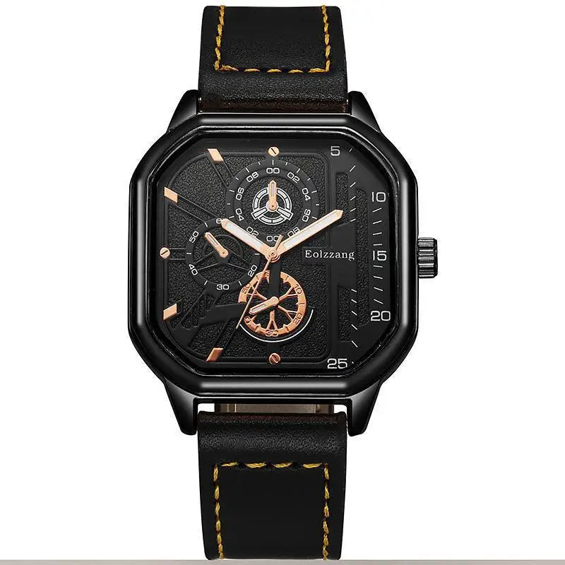 YIKAZE Alloy Men Quartz Watches Leather Strap Big Dial Student Square Sports Watch Cool Black Men's Watch Waterproof  Wristwatch - Sun Studio