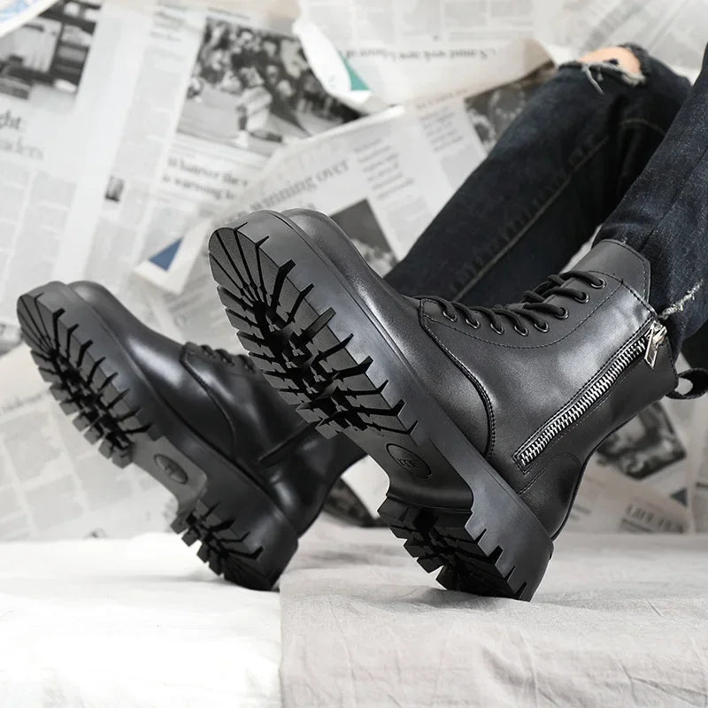 2025 Autumn Winter Shoes Men Leather Boots Thick Sole Non-slip Warm Plush Cold Winter Cow Leather Male Ankle Botas Black KA4867 - Sun Studio
