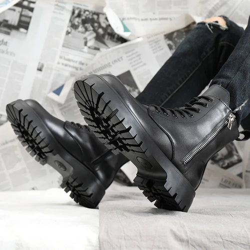 2025 Autumn Winter Shoes Men Leather Boots Thick Sole Non-slip Warm Plush Cold Winter Cow Leather Male Ankle Botas Black KA4867 - Sun Studio