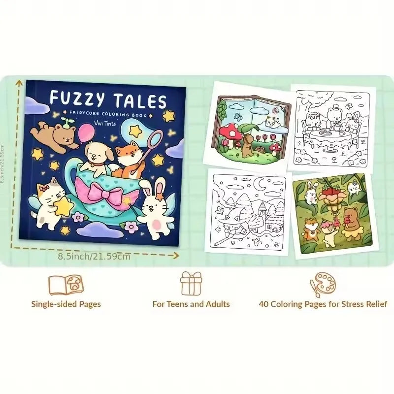 Fuzzy Tales Fairycore Coloring Book for Adults & Teens Featuring Adorable Animals Characters Fuzzy Friends Coloring - Sun Studio