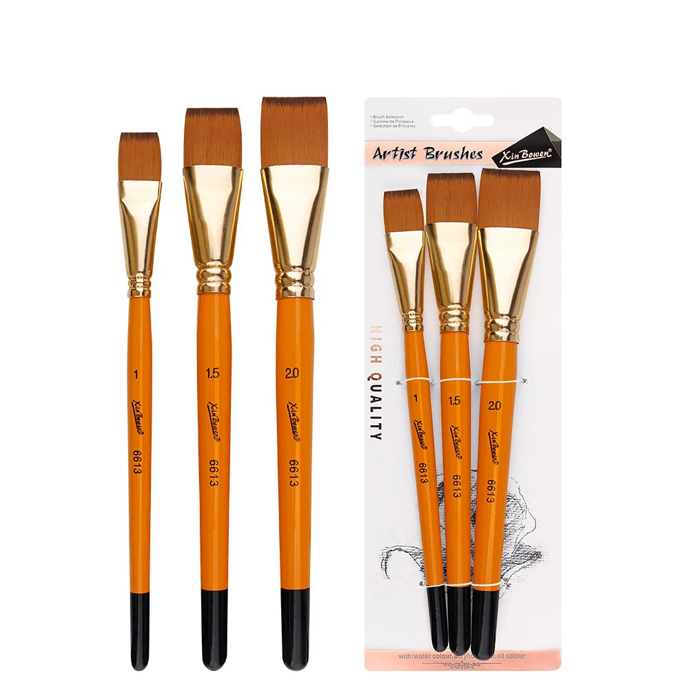 3pcs/Set Oil Painting Brushes-Wooden Mini Flat Nylon Paint Brush Set,Watercolor Brush for Body Painting Brush,Acrylic Art Paint - Sun Studio