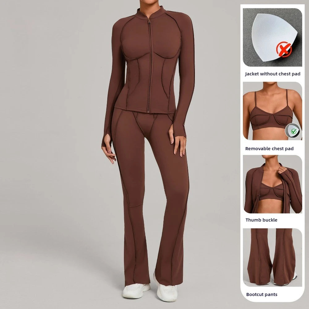Gym Casual Yoga Set for Women Outdoor Running Fitness Outfit Autumn Winter Tight Sports Three-Piece Set Zipper Coat+bras+pants - Sun Studio