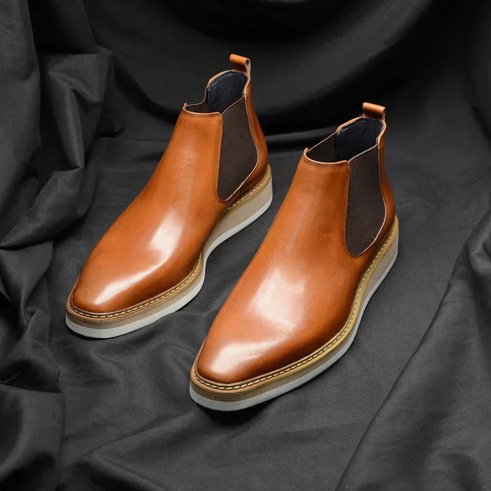 British Style Cow Genuine Leather Men's Chelsea Ankle Boots Slip-on Elastic Band High Top Sneakers Casual Dress Boot for Men - Sun Studio
