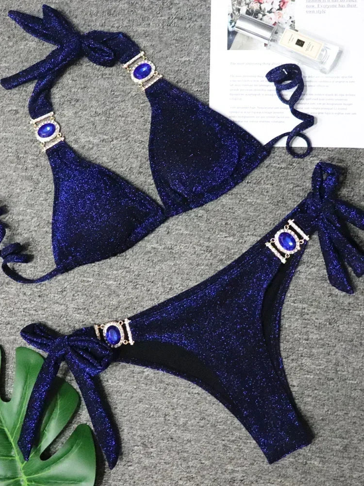 Halter Rhinestone Diamond Bikini Women Swimsuit Female Bikinis Metal Chain Swimwear Two Pieces Bikini Set Bathing Suit Swim Lady
