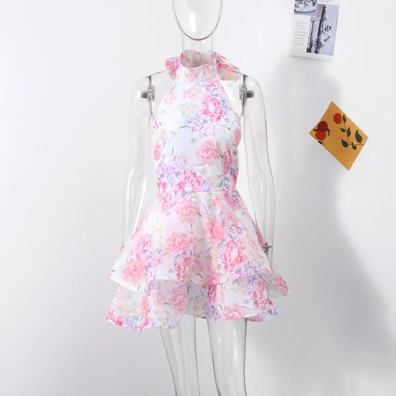 Sexy Flower Print Mini Dresses Women Elegant Ruffles Flared Sleeve Layered V-neck Vestido Female Evening Club Party Outfits 2026 - Sun Studio