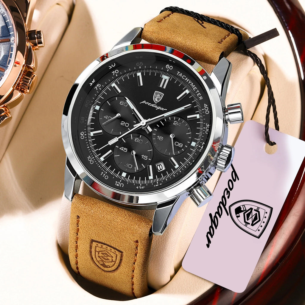 POEDAGAR Top Brand Men's Quartz Watch Waterproof Luminous Chronograph Military Man Watch Luxury Fashion Leather Watches For Men - Sun Studio