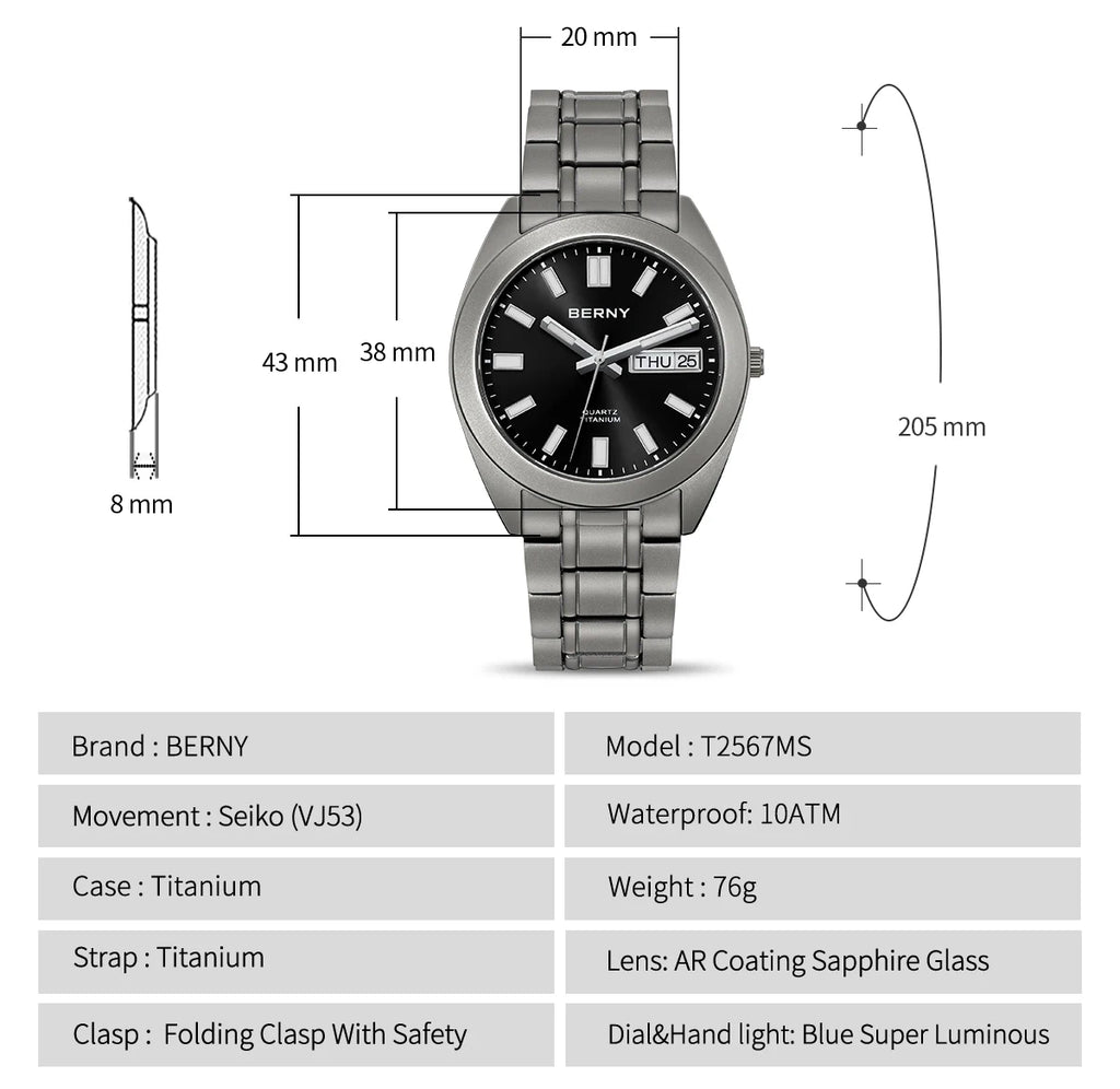 BERNY Titanium Watch for Men Supper Light Weight Wristwatch Super Luminous Sapphire 10ATM Waterproof Sport Field Quartz Watches - Sun Studio